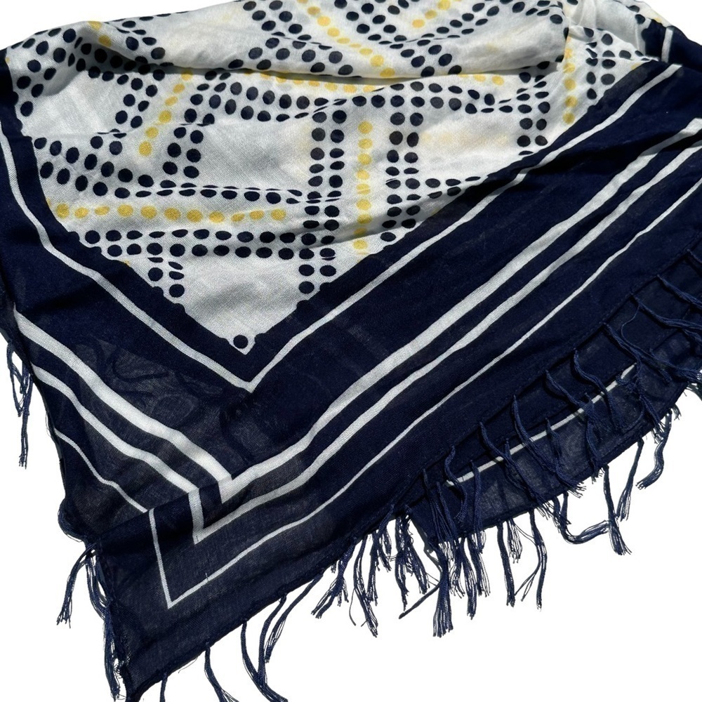 Navy White Stripe Yellow Polka Dot Fringe Scarf